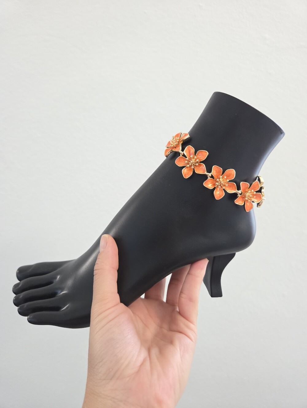 Gold & Orange Enamel Flower Anklet Boho Floral Anklet Bracelet Accesory - Picture 8 of 12